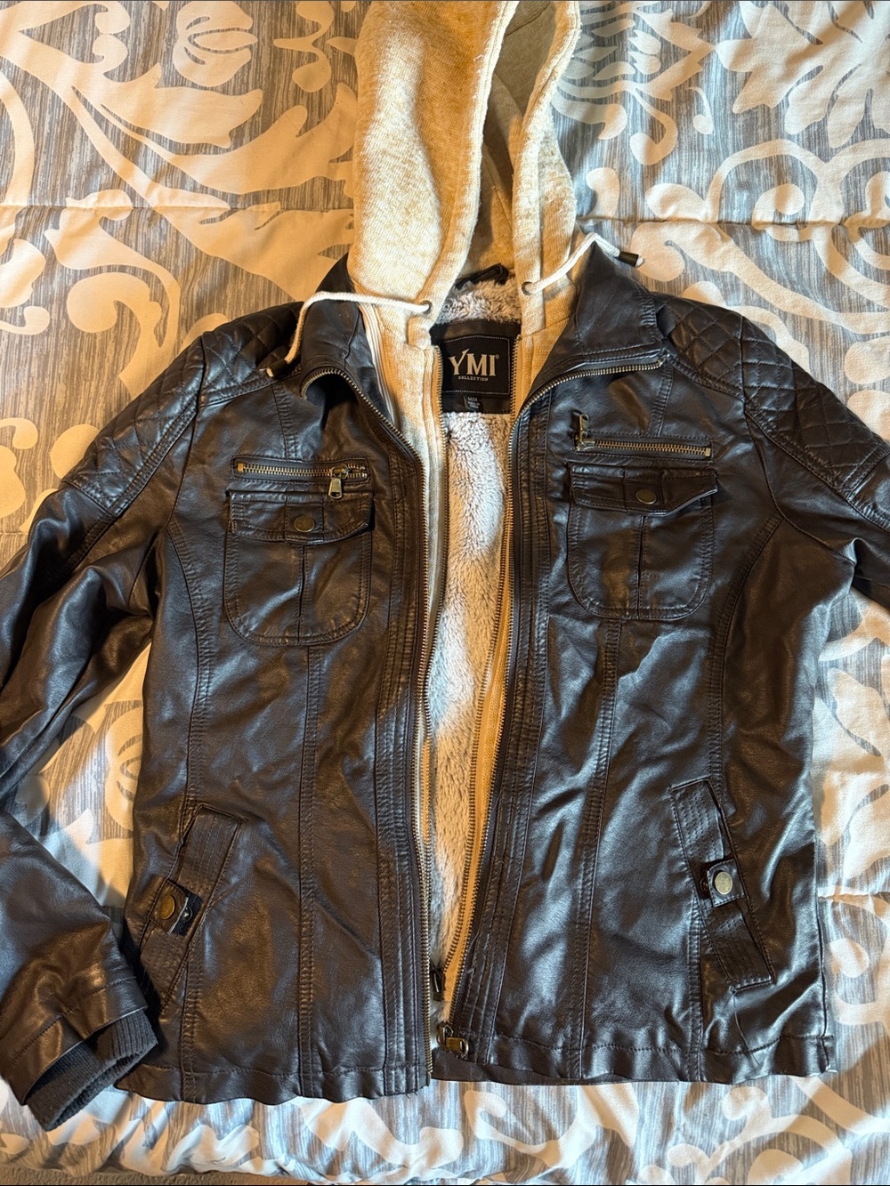 YMI Black Faux Leather Jacket with Cream Sherpa Hood size M